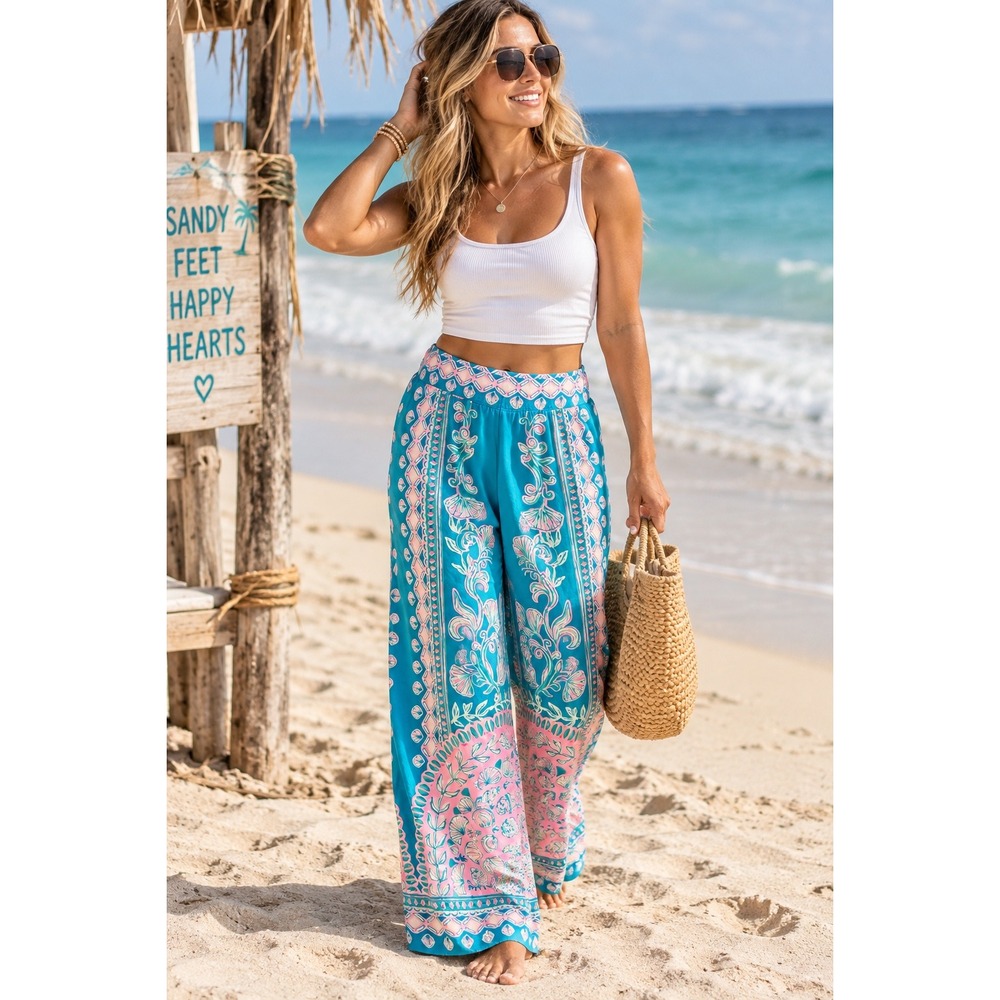 Lilly Pulitzer Palazzo Pants Blue Pink Shell Print Wide Leg Beach Resort S
